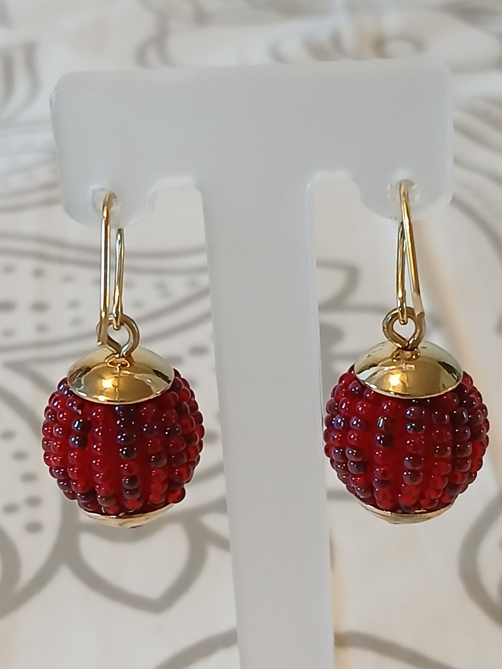 Artisan Made Gold & Red Beaded Berry Drop Earrings - Elegant Women's Jewelry